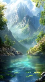 Mountain lake with steep cliffs and dense green foliage.