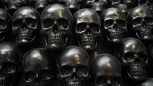 Rowed black skull models form dense, reflective pattern