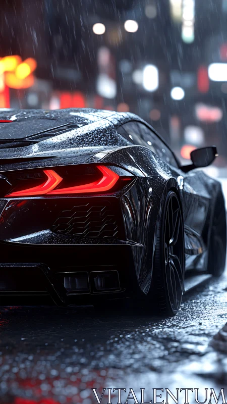 Sleek supercar rear in neon city rain at night.