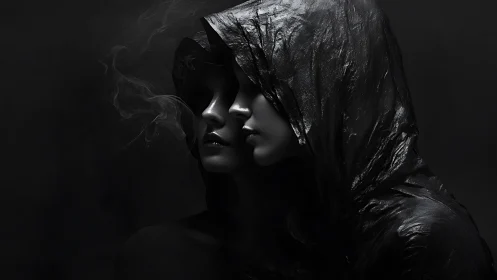 Two hooded female faces overlap in low key lighting