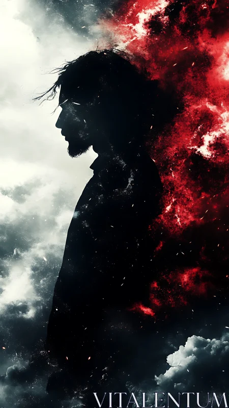 Silhouette in storm clouds with erupting red nebula firestorm.