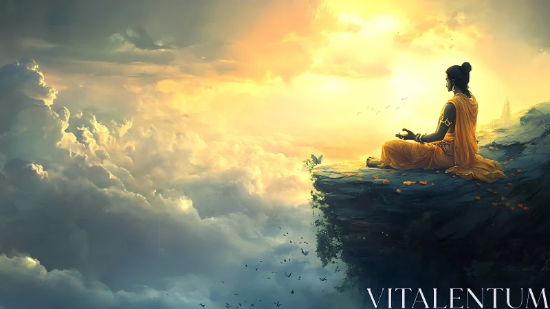 Digital painting of meditative figure on luminous cliff edge.