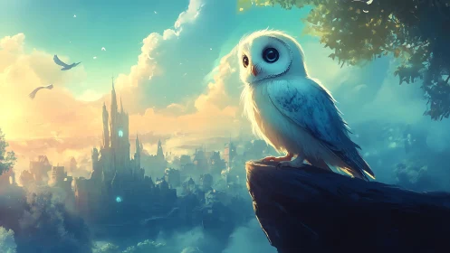 Whimsical Owl Overlooking Fantasy Castle at Sunrise, Digital Art.