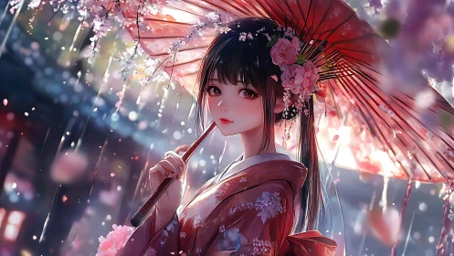 Girl in kimono holds umbrella under blossom-filled rainfall