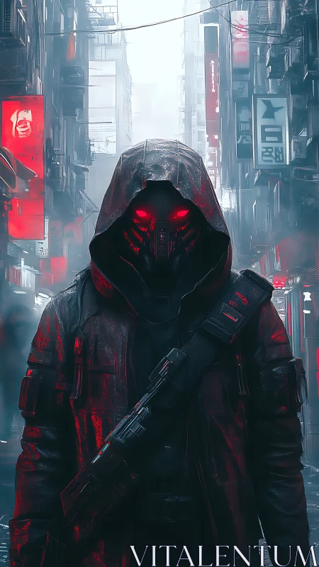 Hooded cybernetic enforcer stands in neon fog alleyway