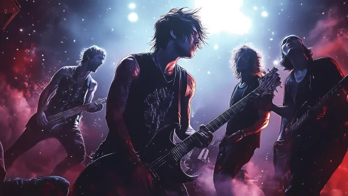 Explosive rock band silhouette under neon concert lights.