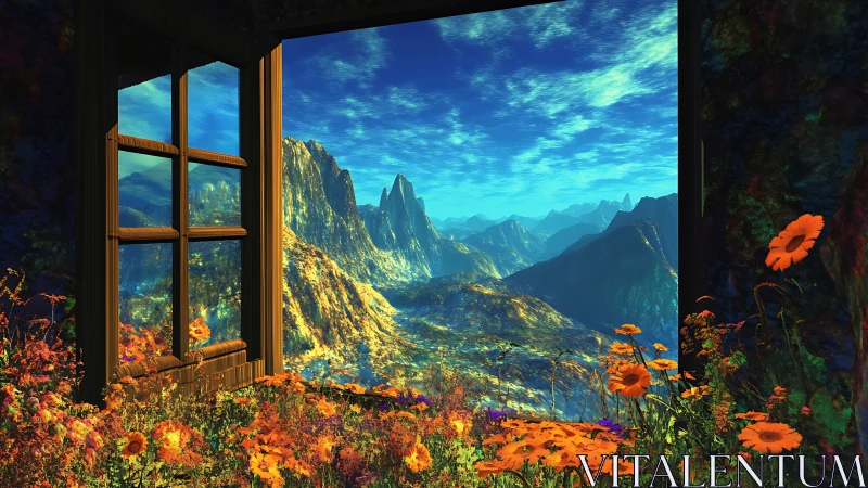 Mountain landscape viewed through open window frame.