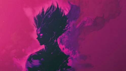 Neon silhouetted figure with glowing eyes in magenta haze.