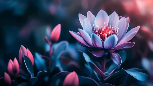 Dreamlit lotus blossom in soft neon twilight glow.