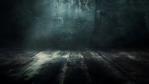 Cinematic grunge interior with distressed timber floor plane.