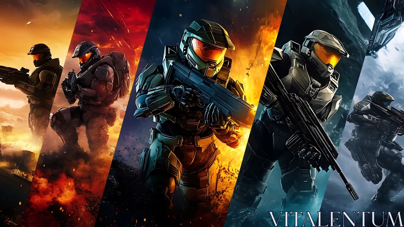 Armored sci fi soldiers in dynamic segmented battle tableau.