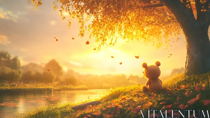 Teddy bear contemplates sunset under glowing autumn tree.