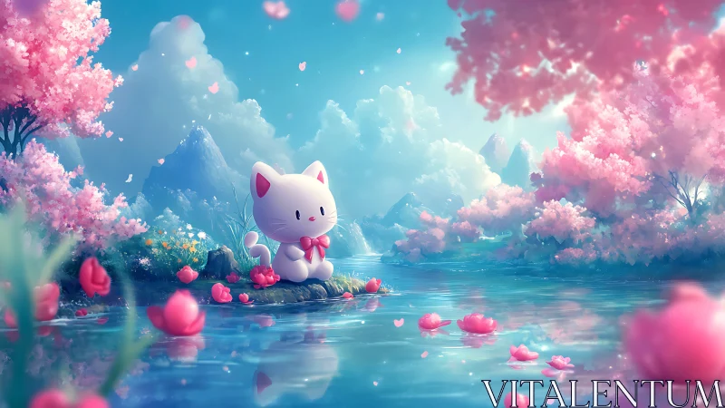 Kawaii white cat by sakura lake in pastel fantasy landscape.