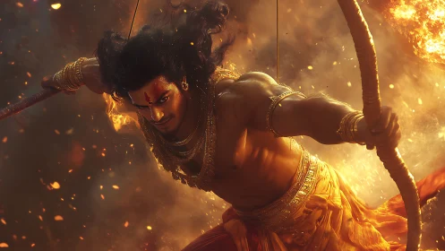 Dynamic mythic archer in mid-air, lit by intense volumetric fire