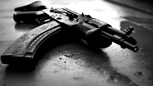 Slick assault rifle resting on wet reflective surface.