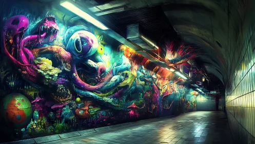 Neon biomech graffiti flooding subterranean tunnel walls at night.