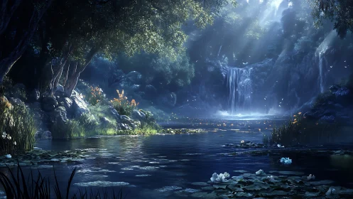 Forest waterfall scene shows lotus pond under diffuse light