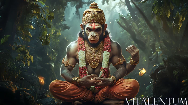 Divine simian warrior in meditative pose amid luminous jungle
