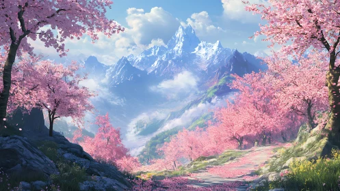 Mountain valley with cherry blossoms and distant snow peaks.