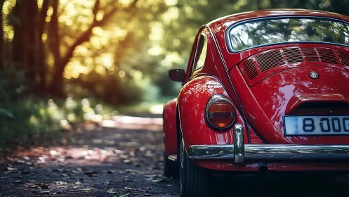 Rear three-quarter view of red vintage Beetle on forest lane