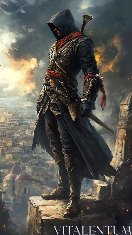 Hooded rogue overlooking burning citadel at dusk.