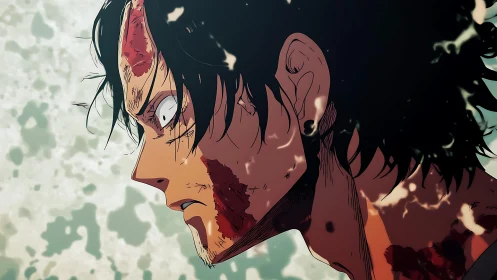 Battle worn anime hero holding fierce, unbroken resolve.