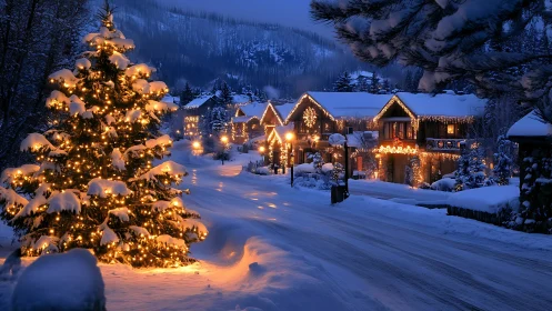 Snowy village street hums softly under golden winter lights