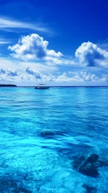 Motorboat on clear turquoise sea under cumulus cloud sky.