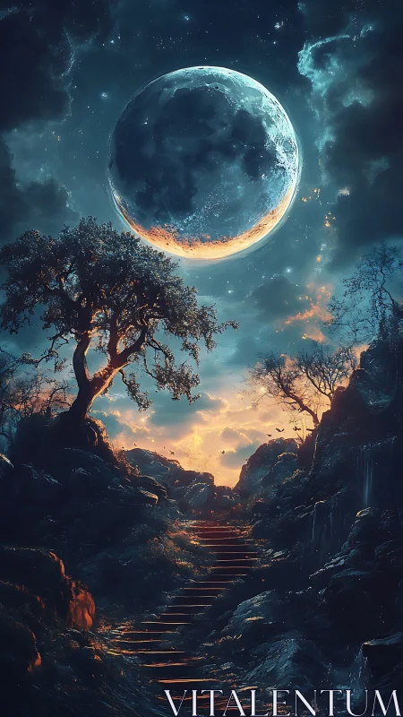 Luminous lunar eclipse above glowing stone path at dusk