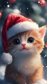Bright eyed holiday kitten in a snowfall of soft wonder.