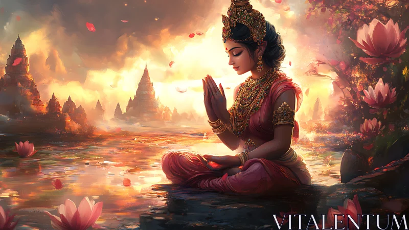 Serene goddess in lotus light by a golden riverside temple.