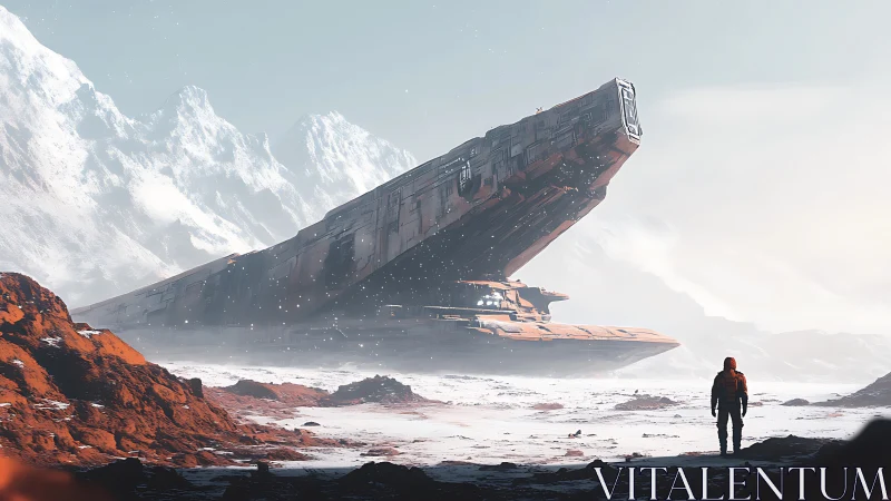 Crashed wedge-shaped starship dominates frozen exoplanet plain