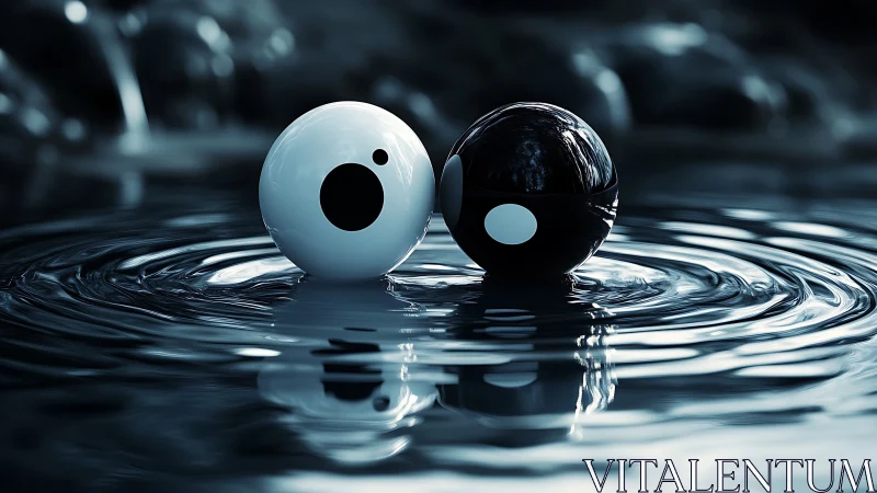 Yin yang spheres floating on rippling reflective water surface