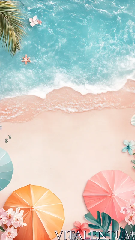 Aerial Tropical Beach Composition with Parasols, Foliage, and Turquoise Waters