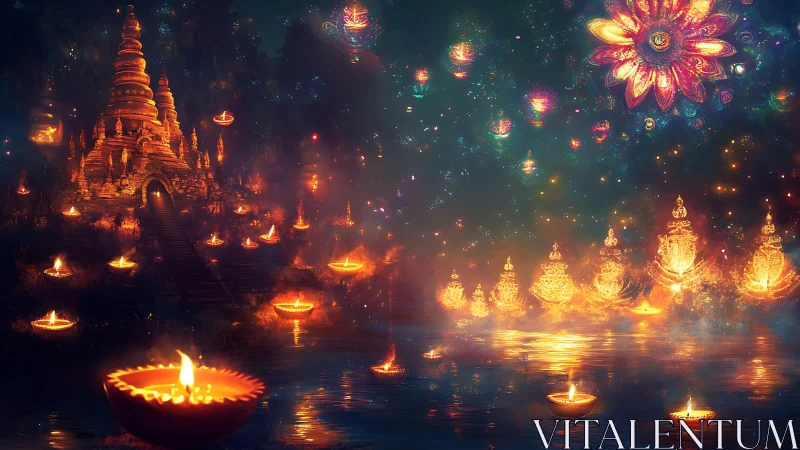 Golden rivers of festival lights glow around a dreamlike temple.