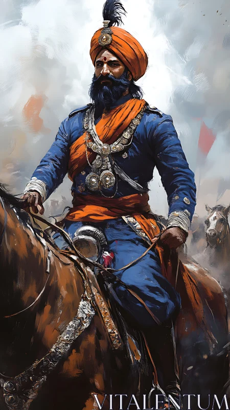Mounted Sikh warrior rides through swirling battlefield haze
