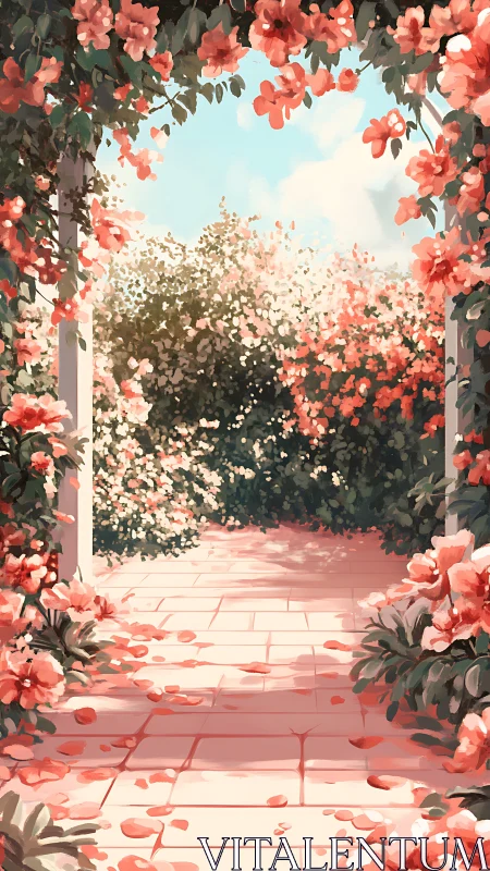 Sunlit rose arbor walkway under soft pastel sky.