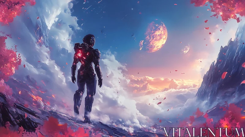 Solitary armored figure on alien ridge with twin planets.