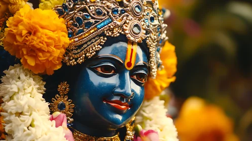 Radiant blue deity statue glows amid marigolds and jewels