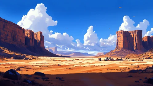 Wide-angle desert canyon vista with stratified mesas under cumulus.