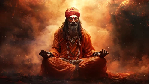Meditative figure in orange robes amid diffuse glowing clouds.