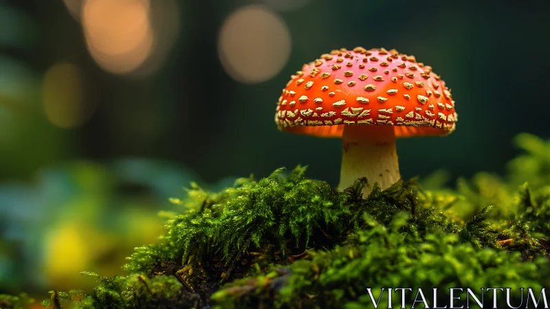 Fly agaric mushroom emerges from moss with shallow depth of field