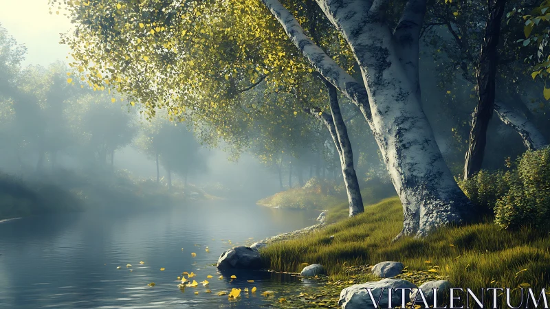 Calm misty river with birch trees and soft morning light.