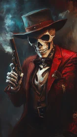 Gun-toting skeleton in crimson suit under smoky night sky.