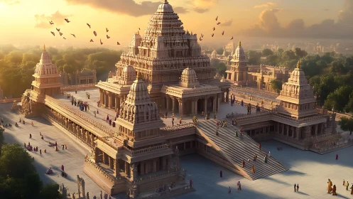 Sunlit stone temple complex with stairways and towers.