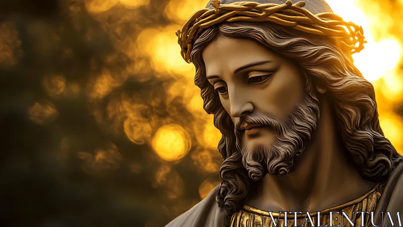 Statue of Jesus with crown of thorns in warm backlight