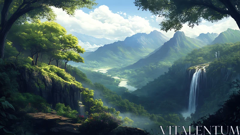 Mountain valley landscape with cascading waterfall and forested terrain.