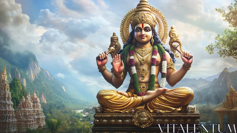 Majestic golden deity seated amid lush temple mountains.