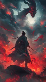 Samurai stands in fiery clouds before looming dragon.