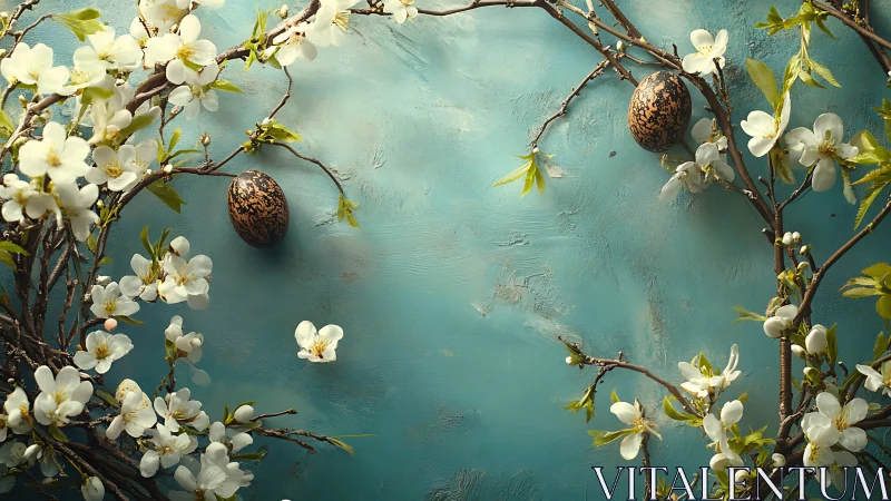 Spring blossom branches frame turquoise Easter eggs flatlay